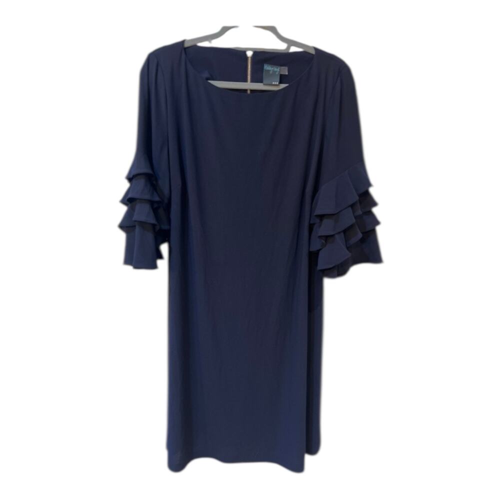 Gabby Skye Dark Blue Shift Dress Women’s Size 14W Ruffled 3/4 Sleeves Zip Back